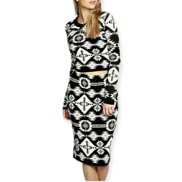 Lara Aztec Knitted Crop Top and Skirt Co-Ord Set - Picture 2 of 10